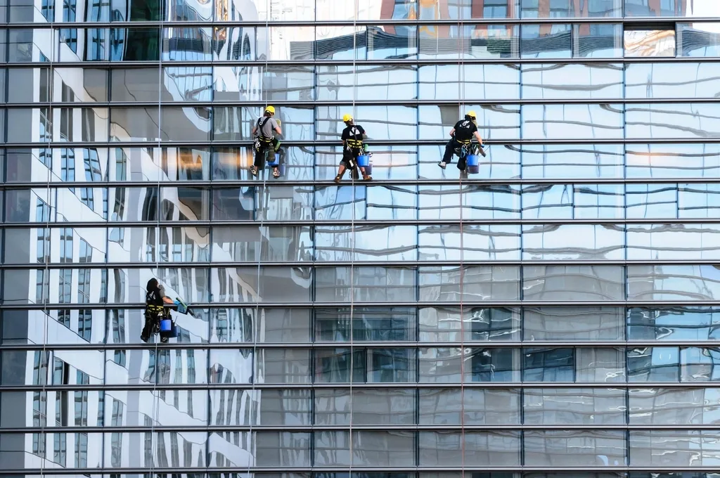Operarios trabajando con acceso por cuerda en la fachada acristalada de un edificio en altura